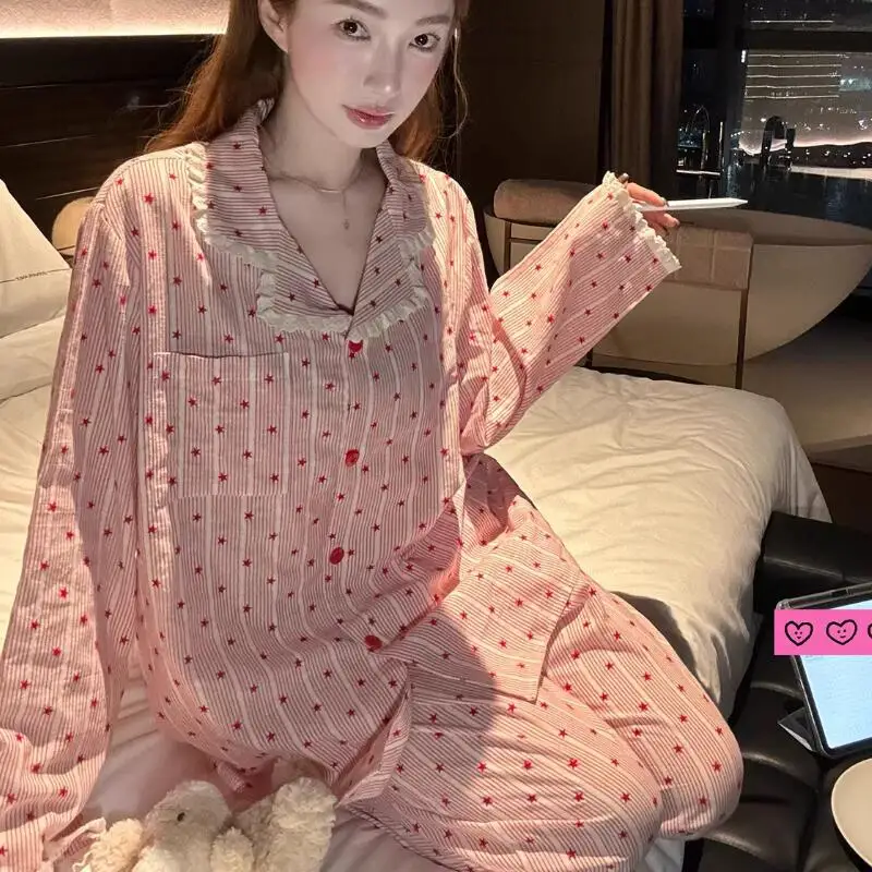 Fashionable and Fresh Women's Long Sleeved Long Pants Pajamas Spring New Cute and Sweet Girl Set Comfortable Student Home Clothe