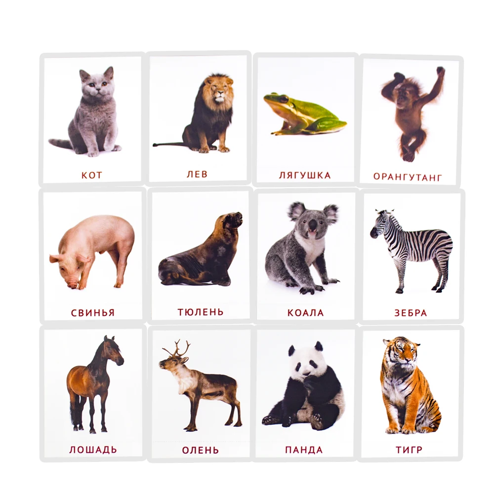 Russian Animals Words Card for Baby 2-6 Years old Enlightenment Teaching tools Montessori Learning Education Cognitive Flashcard