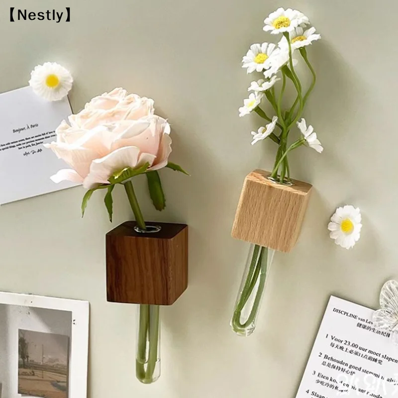 1/2pcs Wooden Magnetic Test Tube Vase Refrigerator Magnet DIY Flower Arrangement Simulation Flower Vase Kitchen Decoration〔Nest〕