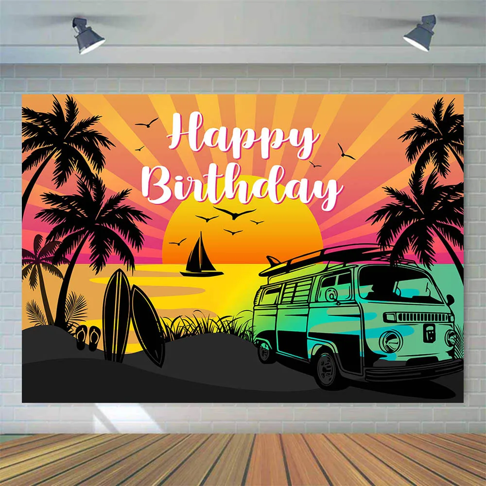 Mocsicka-Fondo de cumpleaños para adultos y niños, telón de playa con Palmera, surf de verano, decoración de fiesta de vacaciones, accesorios de estudio fotográfico
