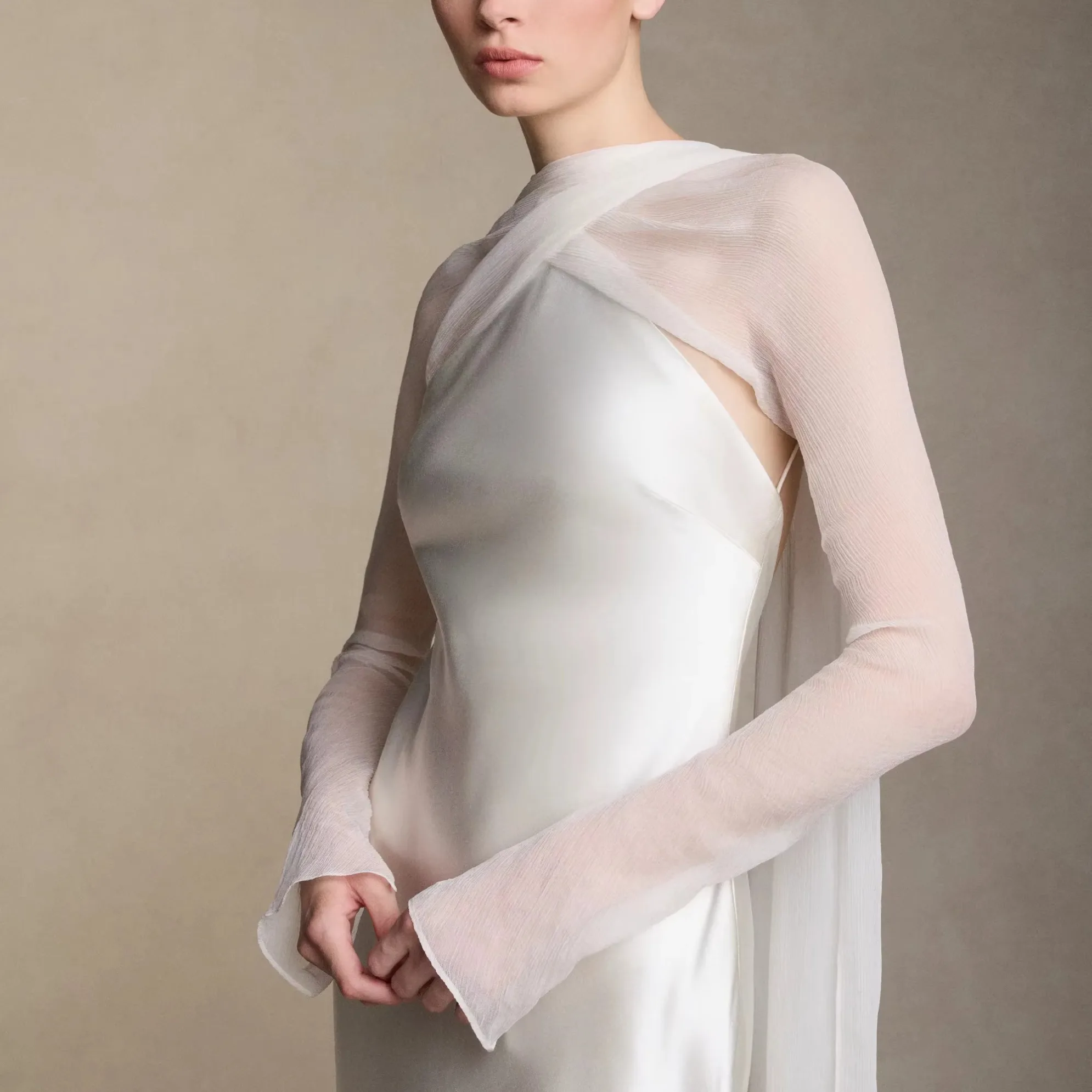 LOVE High Neck Long  Cape Sleeve Satin Mermaid Wedding Dress Simple Backless Chapel Train Bridal Gown Elegant Formal Wedding