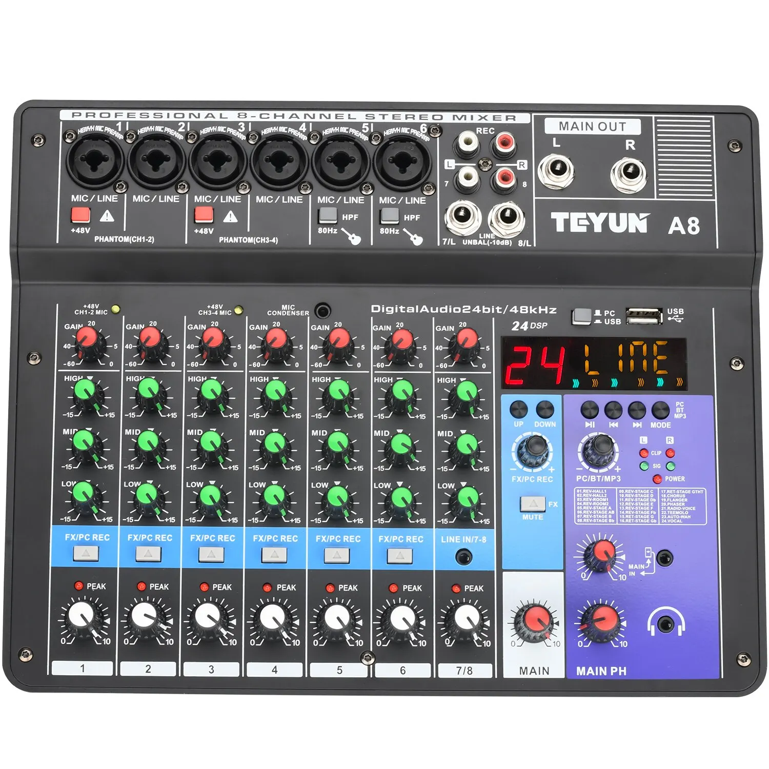 TEYUN 8 Channel Sound Audio Mixer 24 DSP Effect Bluetooth PC USB Play Recording Mixing DJ Console 48V Contoller Table A8