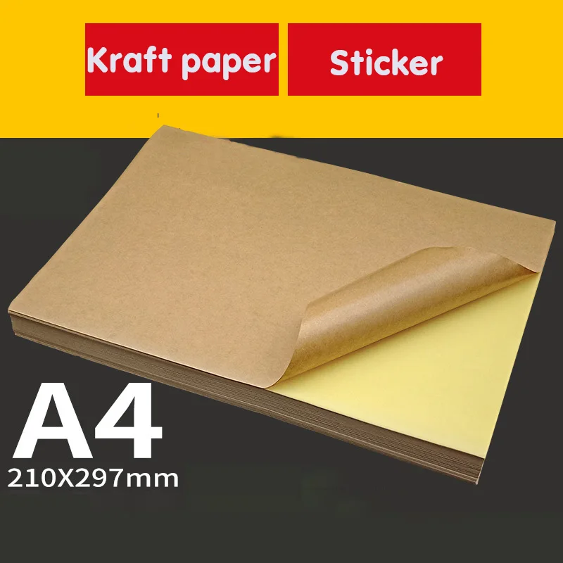 A4 Kraft Sticker Writing Carton Color Inkjet Laser Printing Self-adhesive Adhesive Leather Label Sticker Yellow Paper 100 Pieces