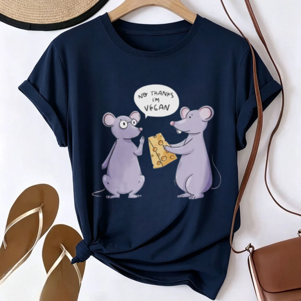 No Thanks I'm Vegan Funny Mouse Cheese Cartoon Graphic T-shirt Men Women Humor Animal Quote Print Short Sleeve Tee Crew Neck Top