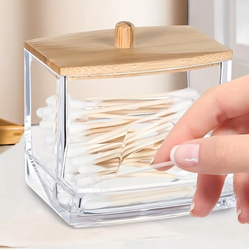 Transparent Cotton Swab Storage Box Double Head Wood Baby Cotton Swabs With Square Bamboo Cover Cotton Buds Toothpick Organizer