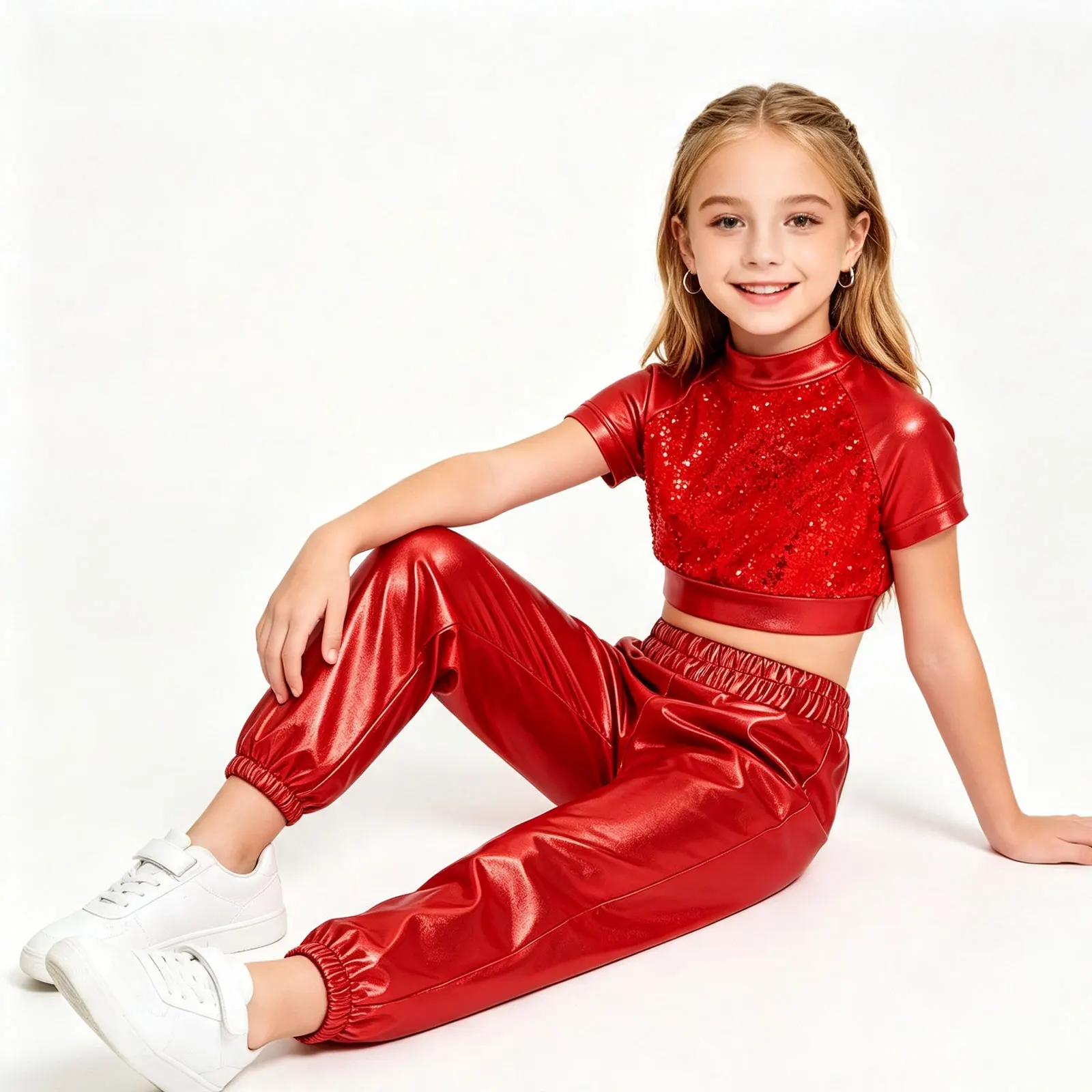 Kids Girls Hip-Hop Jazz Dance Competition Costume Cheer Modern Dance Outfits Short Sleeve Sequins Crop Top with Metallic Pants