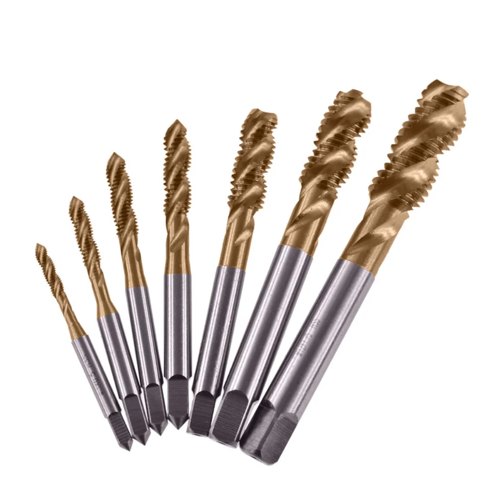 Spiral Flute Tap Set Titanium Coated Spiral HSS Machine Taps Metric Thread Tap for Metal Drilling Threading Hand Power Tool