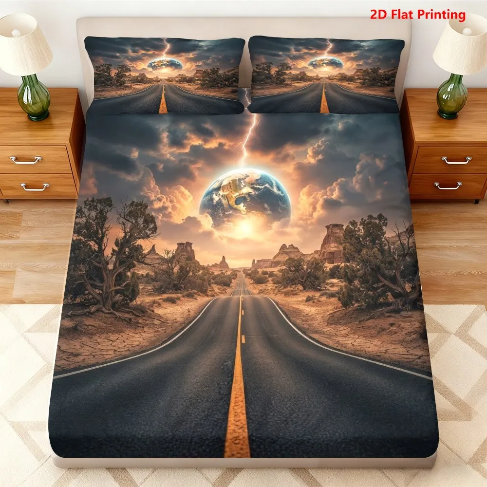 Desert Highway Galaxy Earth Fitted Sheet Mattress Protector Breathable Polyester Material (Includes 1 Fitted Sheet + 2 Pillowcases) Mattress Protector Fitted Elastic Style Protective Cover Mattress Protector, Fitted Bedding Christmas Themed Bedding Baby Bedding Suitable for Nursery Room