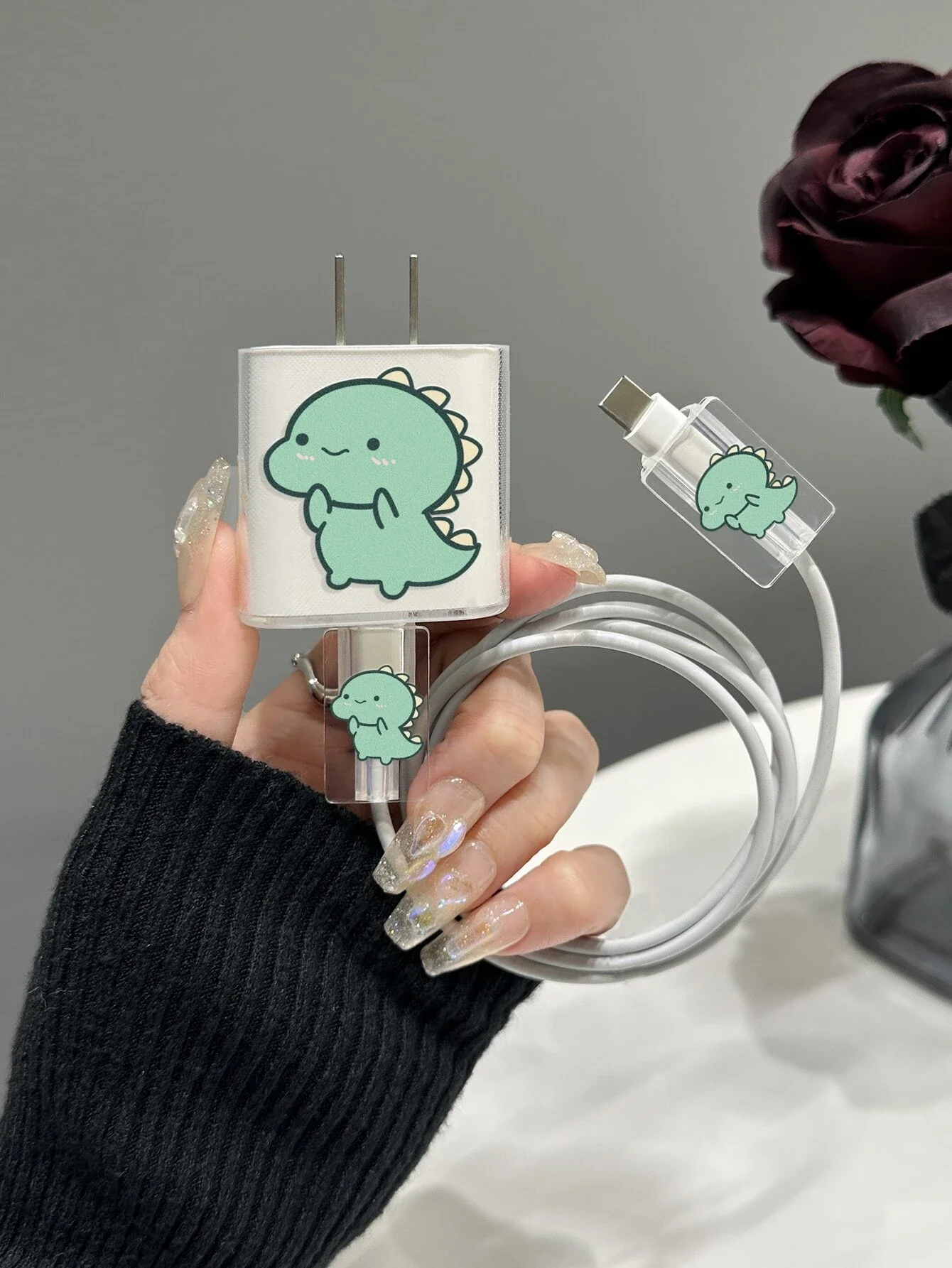 Cute Green Dinosaurs  Charger Protector For Apple 18W/20W Charger Cable Organizer  Wrap Anti-bite Line Cord Clear Cover