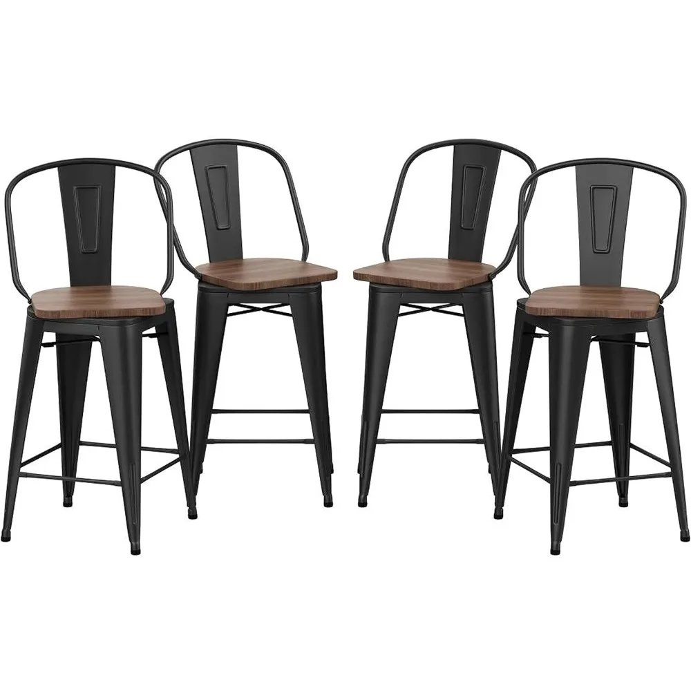 

Metal Bar Stools Counter Height Stool Bar Stools Set of 4 Kitchen Swivel Dining Bar Chairs (High Back Matte Black Wooden