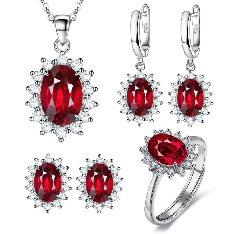 Princess Diana Ruby Diamond Promise Jewelry Set 925 Sterling Silver Bijou Wedding Earring Ring Necklace for women Jewelry Gift