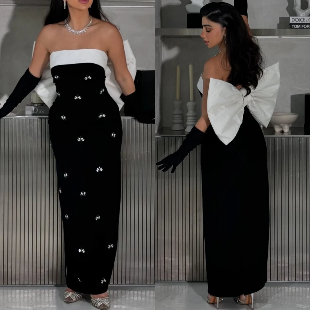 

Customized Graceful Black Jersey Evening Dress Classic Strapless Sleeveless Prom Dress Delicate Straight Crystal Celebrity Gowns