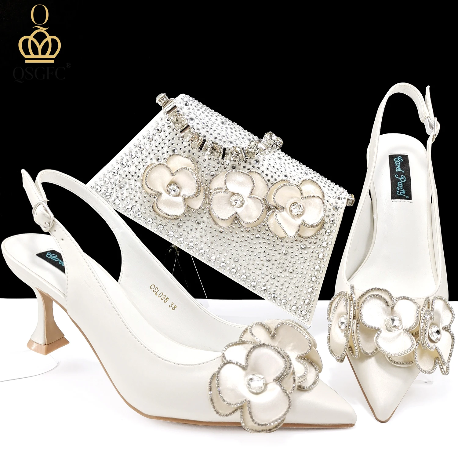 

QSGFC Women Heels Elegant Flower Decoration Pure white Color Small size Shoes And Bag Full rhinestone Wedding Handbag