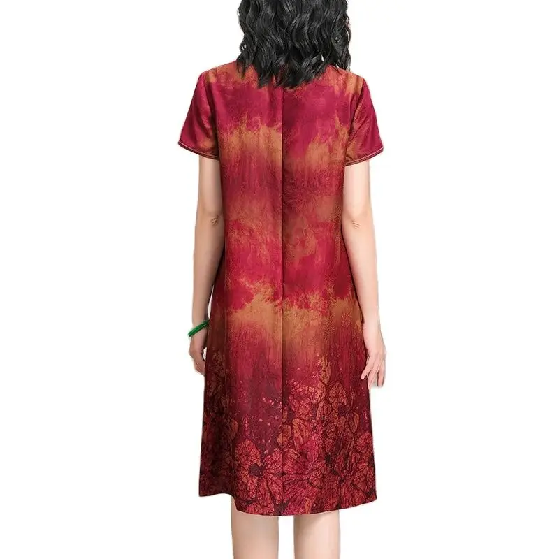 BirdTree, Red Watered Gauze, 100%Real Silk Elegant Dresses, Women Short Sleeve Printed, Loose Chinese Mom Dress, Summer D44840QM