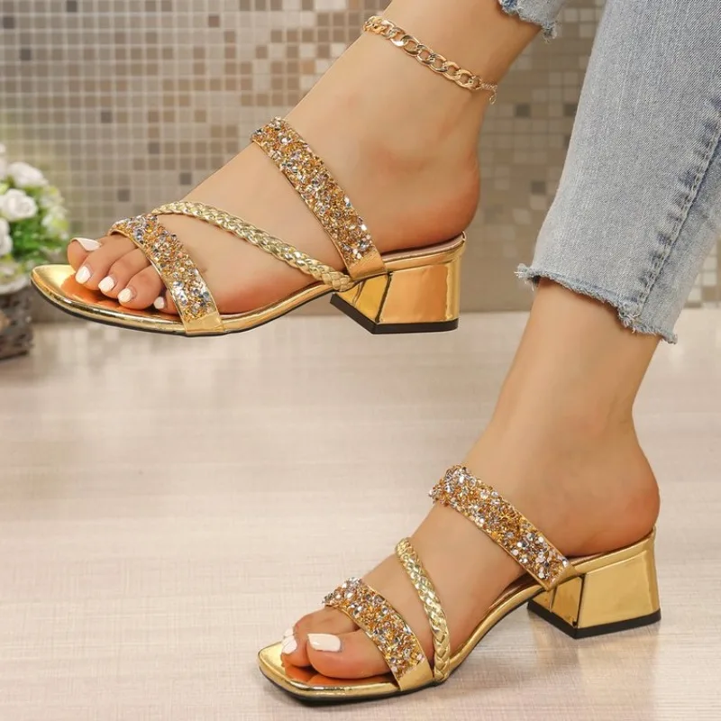 

Summer Women's Sandals and Slippers with Medium Heel Thick Heel Women's Slippers with Open Toe High Heel Rhinestones Plus Siz 42