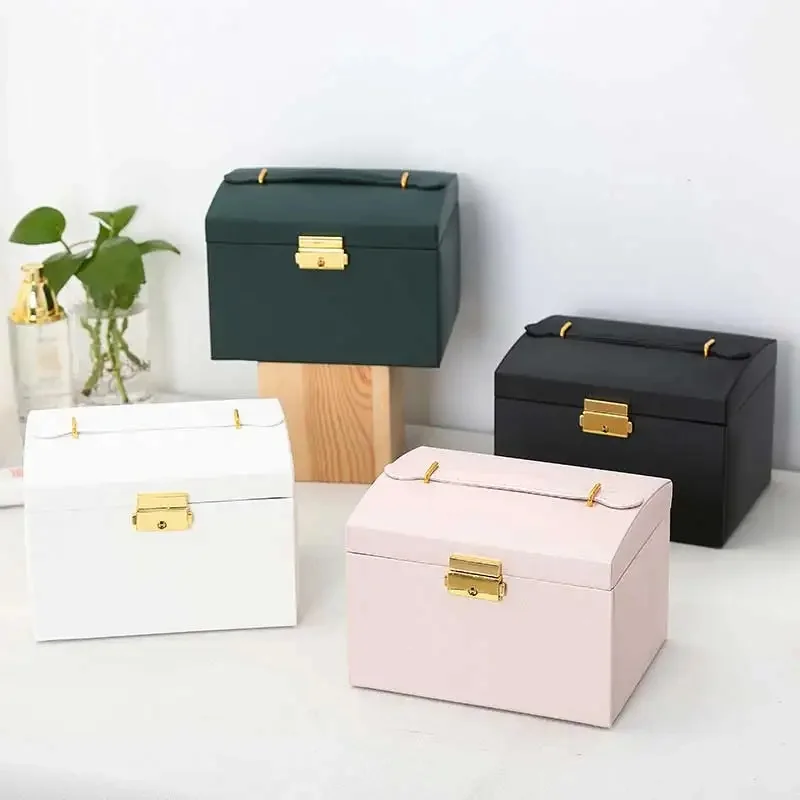 Three Drawer PU Leather Jewelry Box With Security Key Lock, Handheld Earring Ring Necklace Storage Display Case view 5