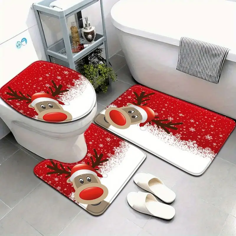 VIKAMA Christmas Reindeer Toilet Mat Red Snowflake Bathroom Floor Rug Cute Cozy Winter Holiday Bathroom Decor for Home Gift