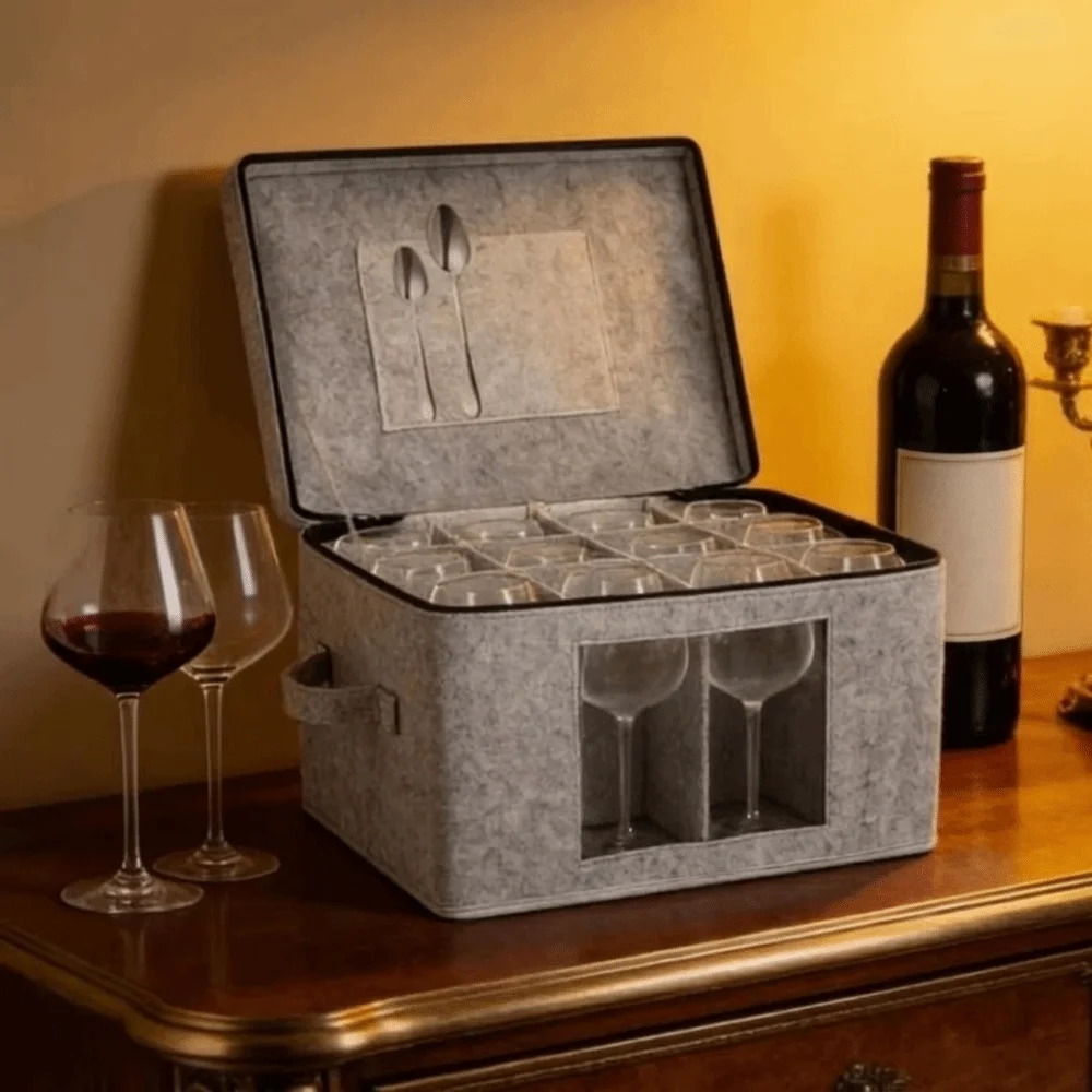Felt Wine Glass Storage Box Dust-proof Hard Shell Stemware Storage Container Folding Space Saving Glassware Packing Box Caterers
