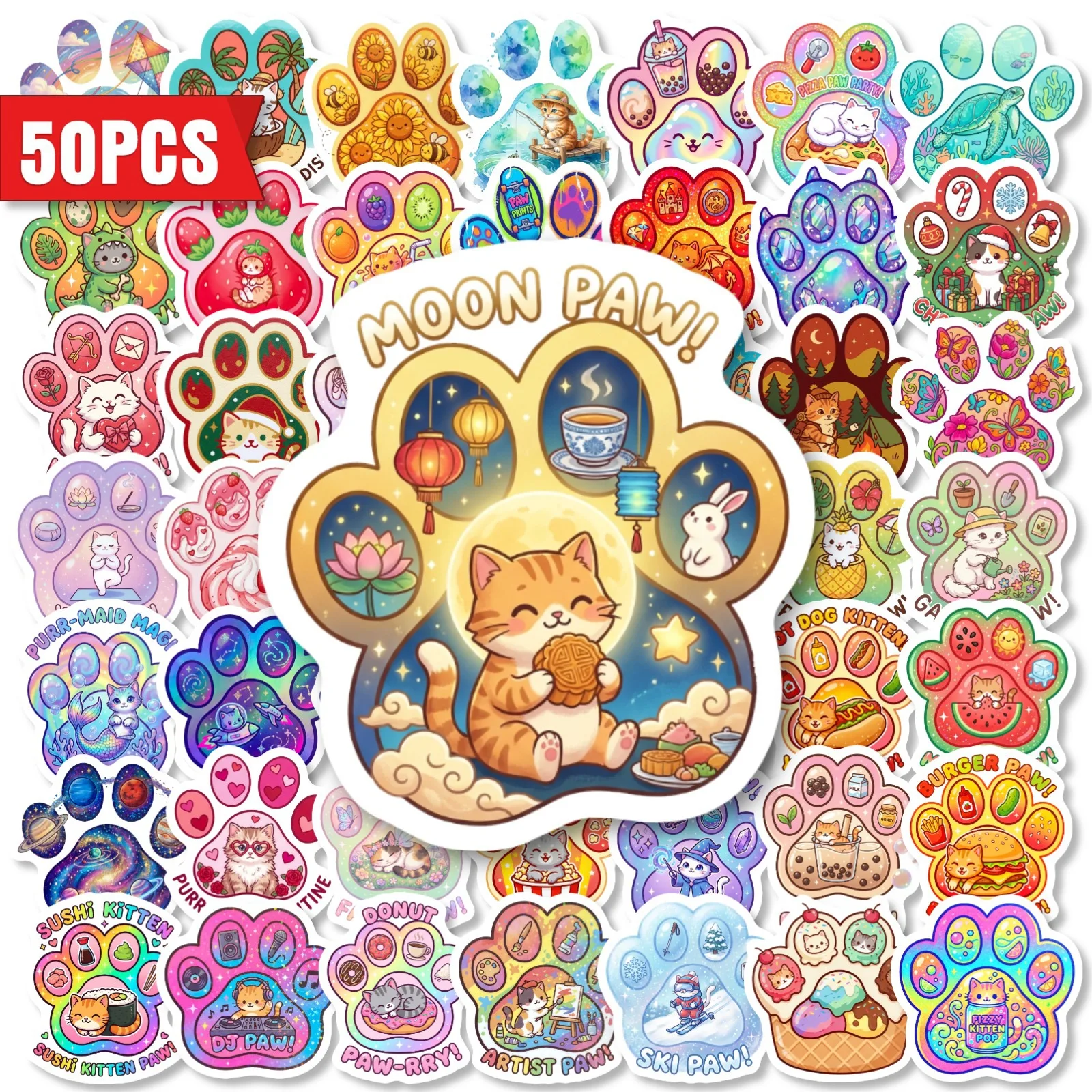50 Sheets Aesthetic Colorful Paw Cat Doodle Decorative Stickers for Journal Scrapbook Notebook Luggage Laptop Water Bottle