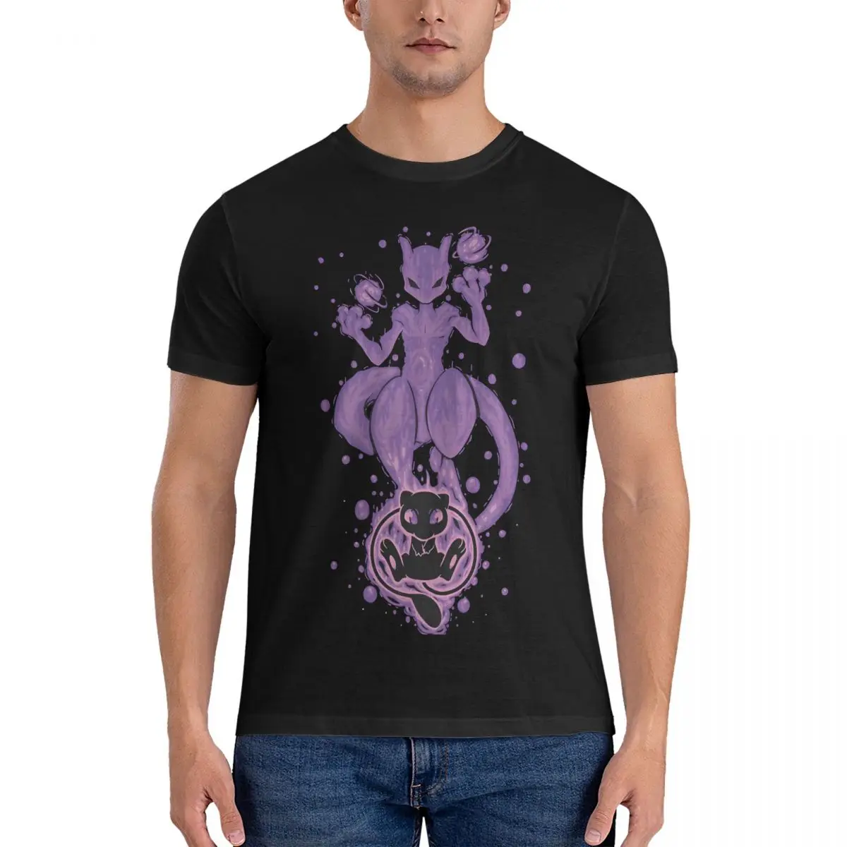 Silhouette Psychic Genetic Evolution T Shirts Men's 100% Cotton Novelty T-Shirt O Neck Mewtwo Tees Short Sleeve Clothing Graphic