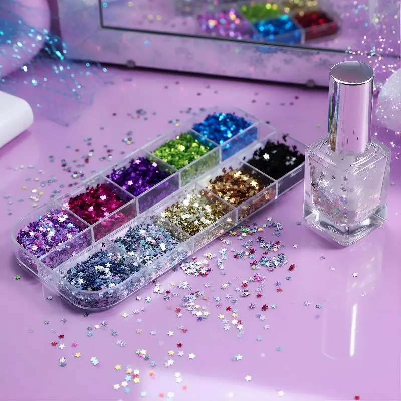Star Glitter Nail Sequins 12 Grids Holographic Confetti 3D Flakes Box For DIY Nail Art Manicure Decoration Use