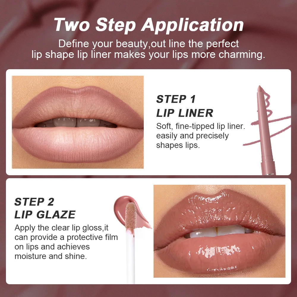 2In1 Lipstick Set Makeup Lip Glize & Lip Linze Lasting Cosmetics Nude Brown Contour Lipliner Water Mirror Moisturizing Lipgloss