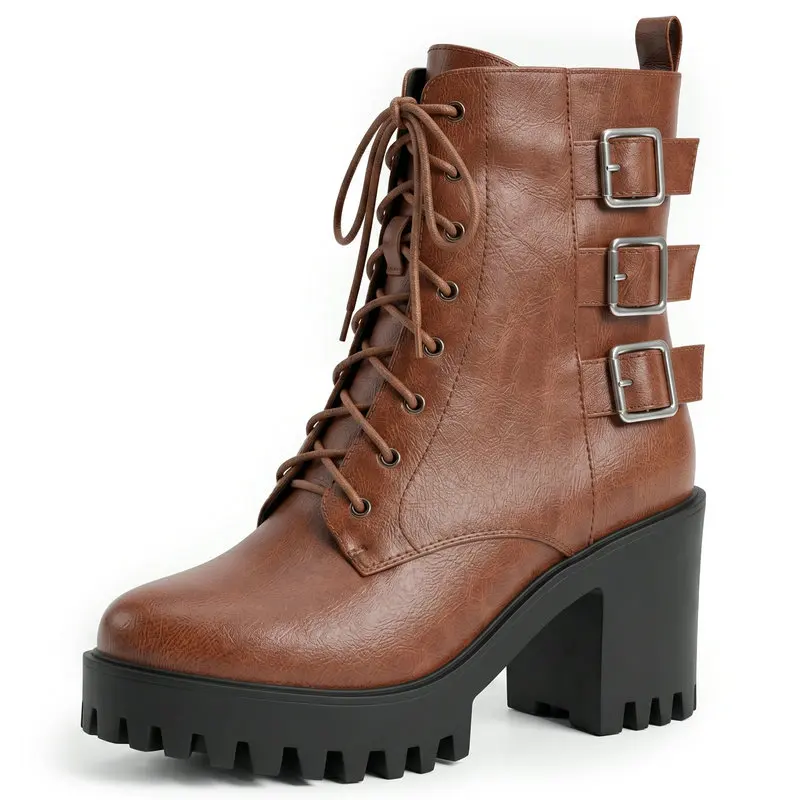 

Punk Goth Brown Black Buckle Belt Lace-up Cross-tied Winter Women Shoes Platform Square Chunky High Heels Ankle Motorcycle Boots