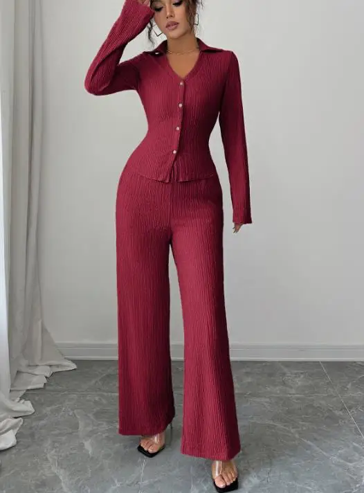 2025 Autunno/Inverno nuova moda donna elegante camicia con bottoni pantaloni a gamba larga set abbigliamento da donna