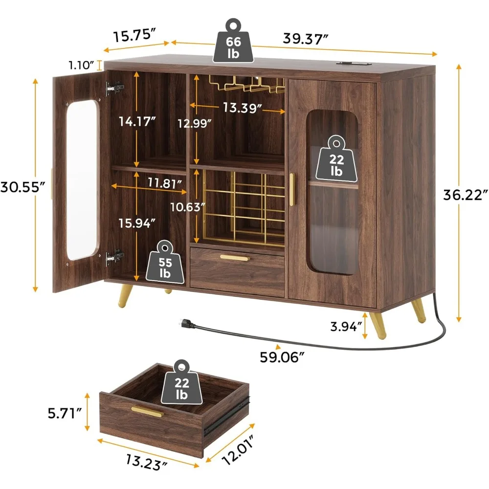 خزانة بار مع منافذ طاقة، خزانة جانبية حديثة لبار القهوة مع ضوء LED، خزانة مشروبات المزرعة مع رف النبيذ، حامل زجاجي #2