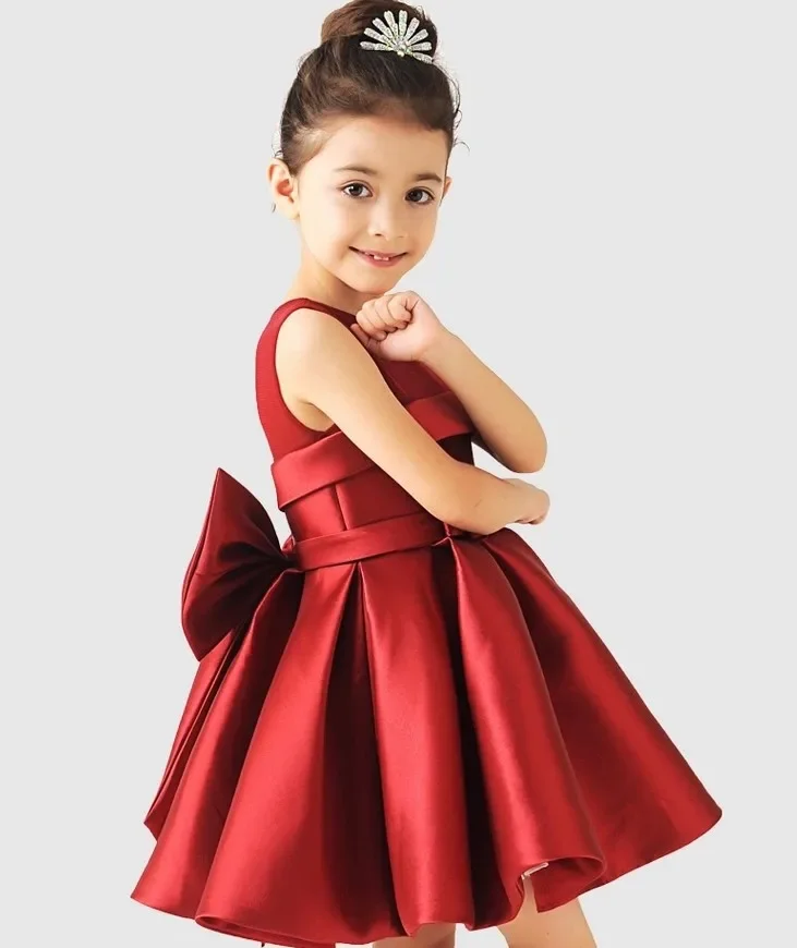 2024 Baby Girl Green/White/Red Satin Princess Dress with Big Bow Kids Wedding Dress Infants Bridesmaid Clothes Summer Vestidos