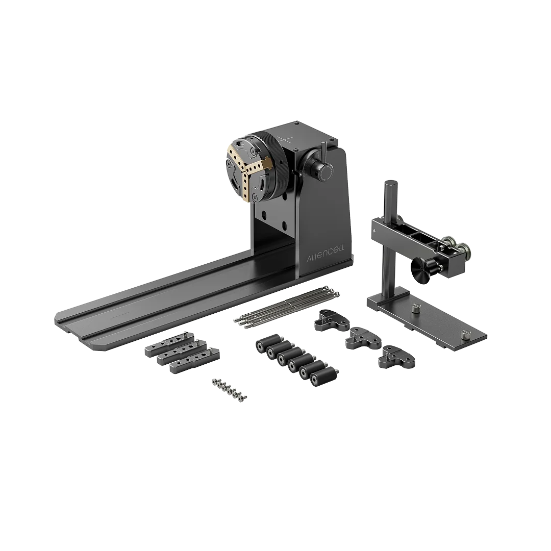 Aliencell 5-in-1 Rotary Chuck for Aliencell X1 & X1 Lite Laser Engraving, 12 Mounting Holes, 5–143 mm Clamping Range, -15° to 90° Tilt Adjustment, Adjustable Tailstock Support