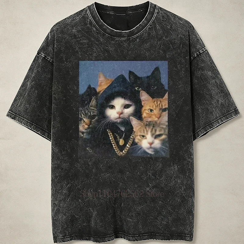 Retro Coole Katzenmuster-Print Gewaschene T-Shirts für Männer und Frauen Sommer Casual Mode Streetwear Y2K Hip Hop O-Ausschnitt Kurzarm-Shirts – Detail 3