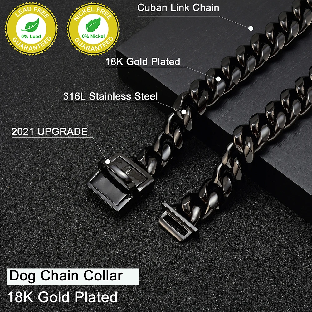 Dog Chain Collar 15MM Black Heavy Duty Cuban Chain Collar Stainless Steel with Custom Personalized Dog Name Tag Pet Dog Item