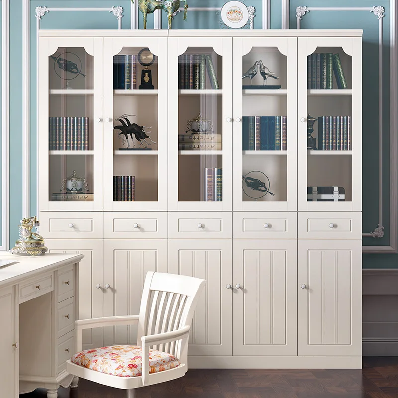 European glass floor-to-ceiling solid wood bookcase with door dust-proof belt glass door bookcase background wall large single