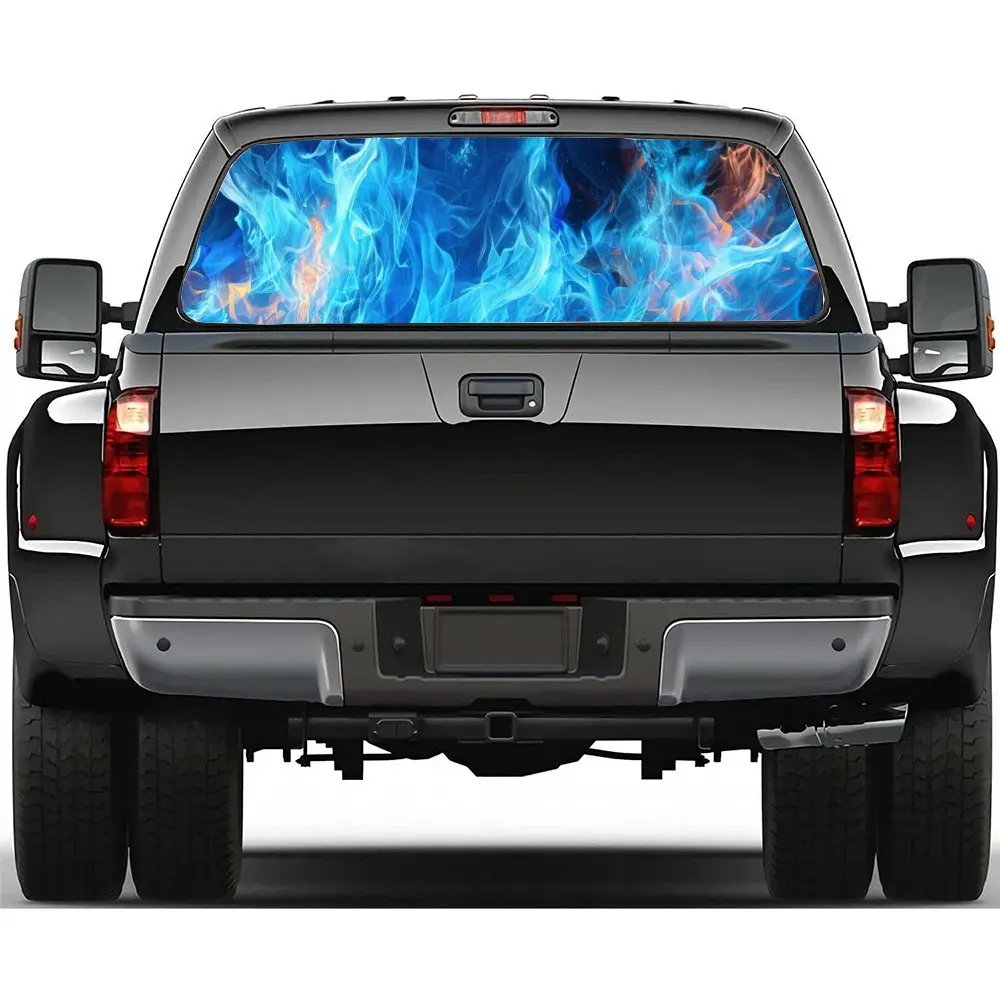 Burning Blue Flames Smoke Car Rear Windshield Sticker Truck Window See Through Perforated Back Window Vinyl Decal Decoration