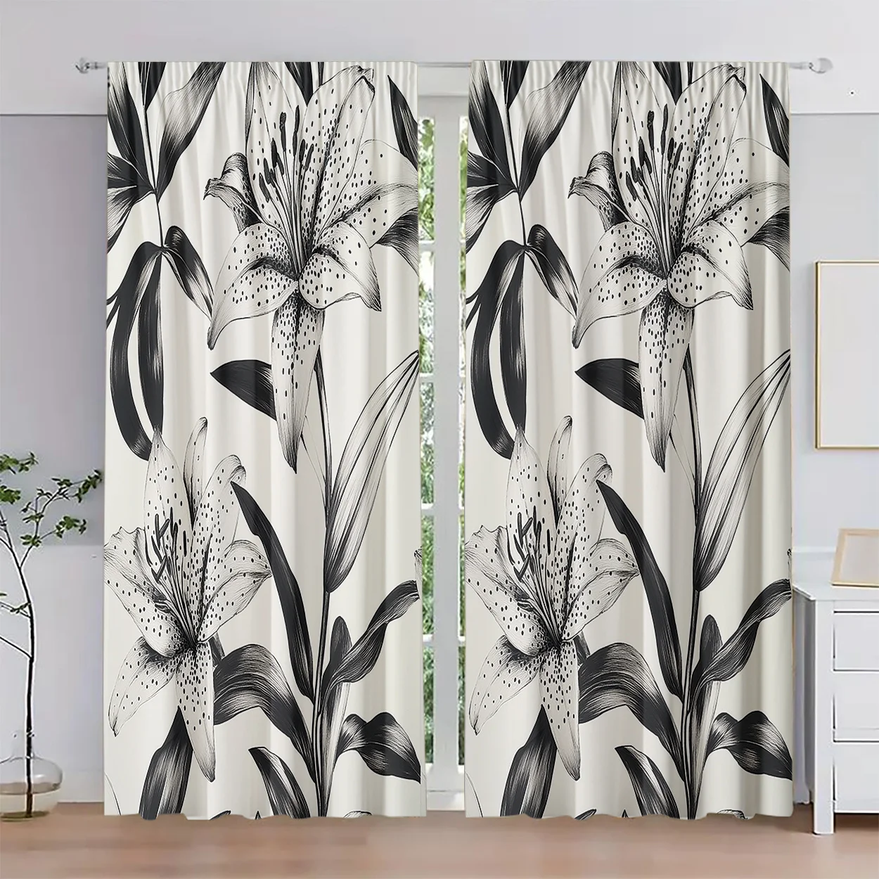 2pcs Art Deco Black and White Lily Floral Print Light-Filtering Curtains, Polyester Peach Skin Velvet, Machine Washable