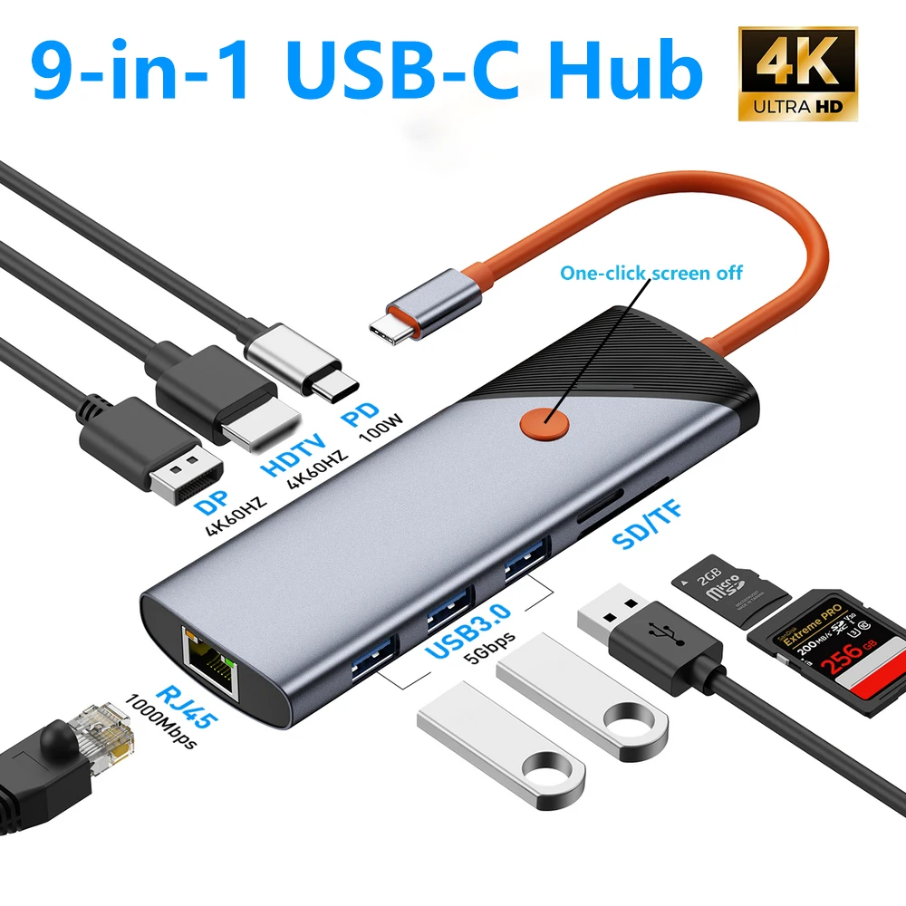 9-in-1 USB C Hub,4K60Hz HDTV+DP,One Tap Screen Off,USB3.0 5Gbps x3,GigabitEthernet,PD 100W,SD/TF,for Laptop Desktop Home Office.