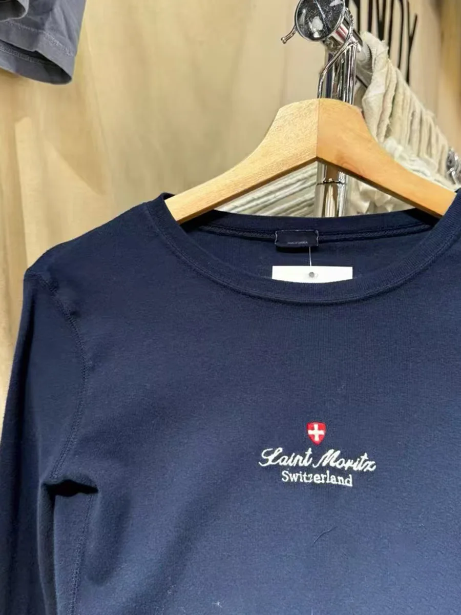Vintage Navy Flag Embroidery Long Sleeve Tees Women Autumn New Slim Round Neck T-shirts Casual Streetwear Cotton Crop Top Y2k