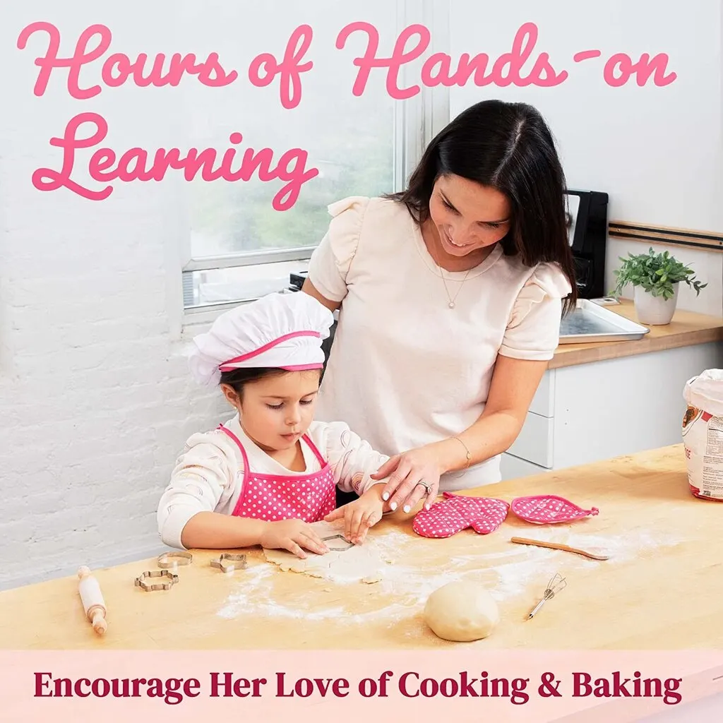 Set da cucina per bambini da 11 pezzi Set da cuoco, include grembiule per ragazze, cappello da cuoco, guanti e utensili regali per bambini di 3-10 anni