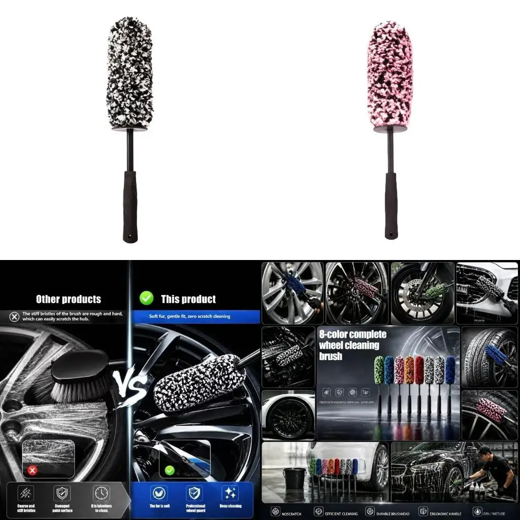 Wheel Brush with Soft Dense Fiber Head and Narrow Cleaning Profile for Inner Wheel Depth, Spoke Access, and Washes  