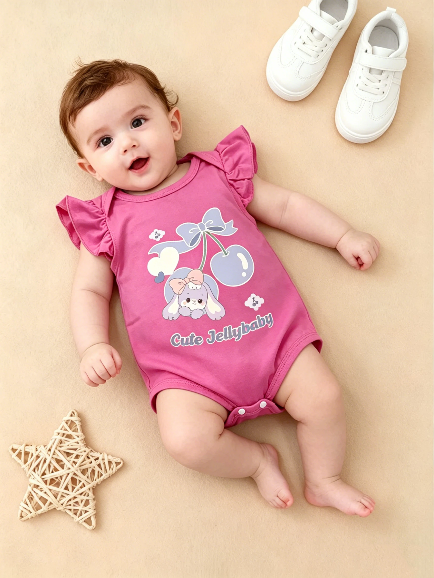 Süßer Stil Hasen-Kirsch-Print Baby Rüschenärmel Einteiler-Strampler Sommer Neuerscheinung