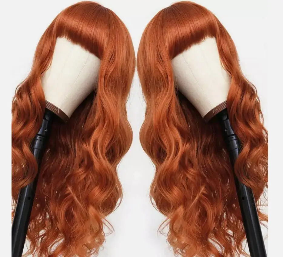 Copper Red Long Wavy No Lace Wigs With Bangs Soft Heat Resistant Natural