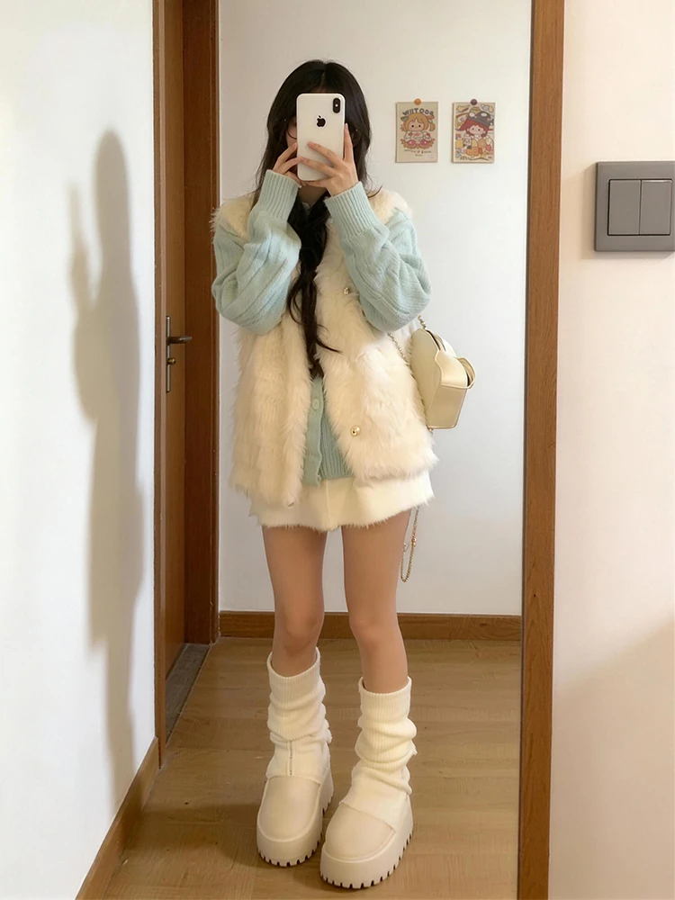

Korean Style Winter Outfit Plush Vest Knitted Top Short Skirt Three Piece Set Warm Thickened Heavy Duty round Neck Casual Wear