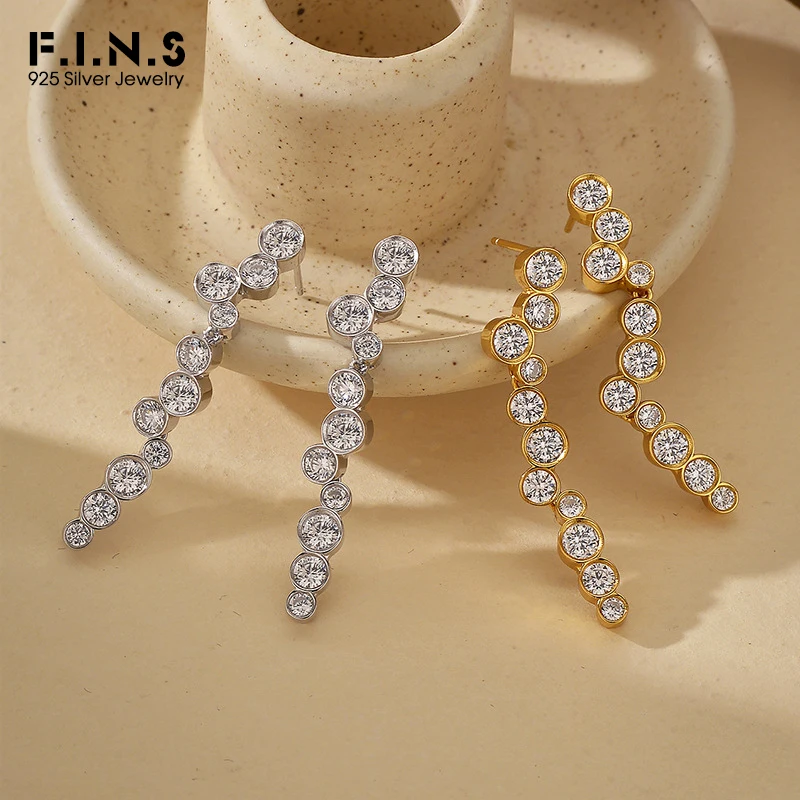 

F.I.N.S Simple S925 Sterling Silver Irregular Dangle Earrings Round Row Zircon Piercing Ear Studs Fashion Fine Party Jewelry