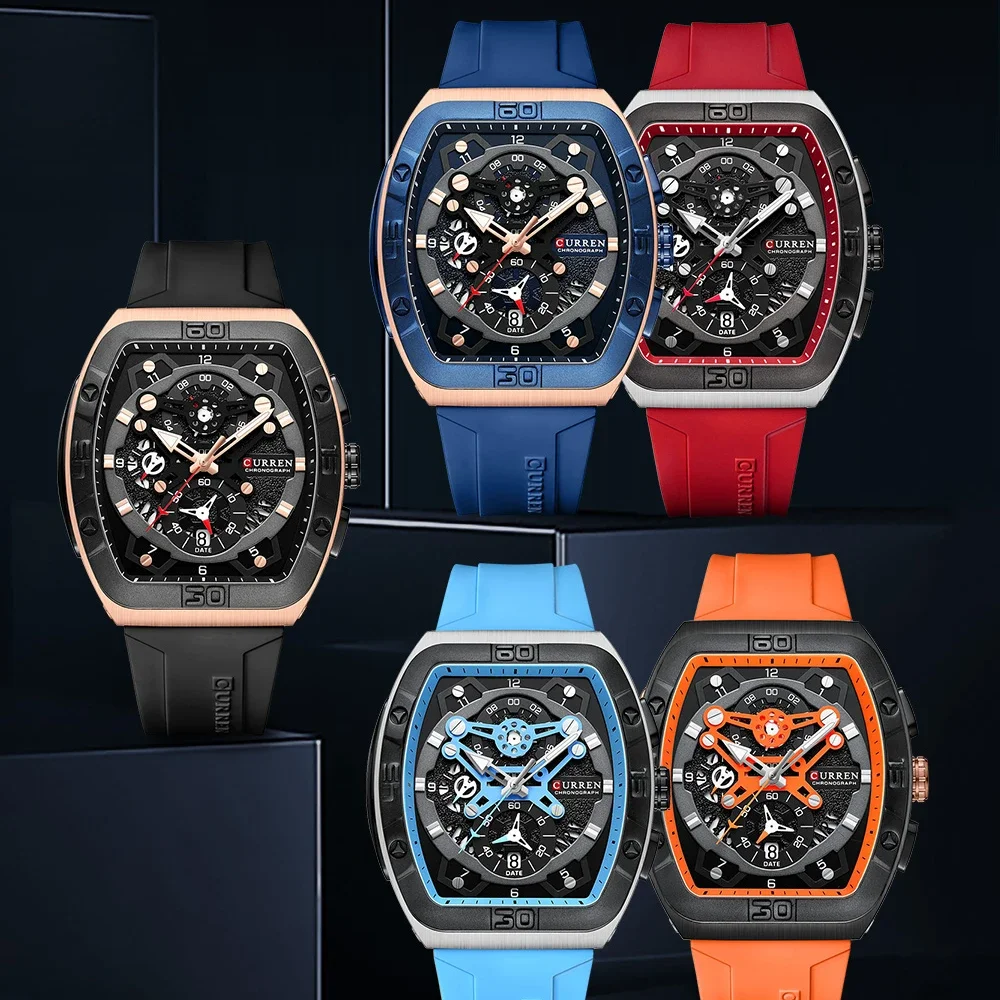 CURREN Brand Fashion Male Wristwatch Luminous Unique Square Design Luxury Quartz Sports Tape Watches Men Waterproof with Date