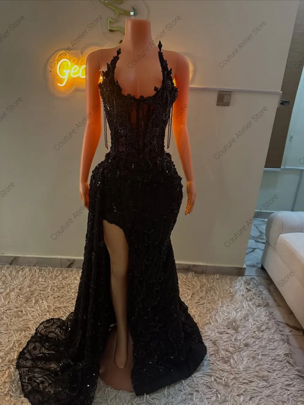 Black Stones Prom Dresses Blackgirls High Split Mermaid Evening Party Gowns Customized Exuqisite Strapless vestidos de gala