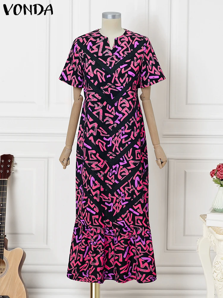 VONDA 2025-Vestido largo Vintage de verano para mujer, Vestidos de fiesta con estampado bohemio de manga corta, vestido largo informal con volantes y cuello en V