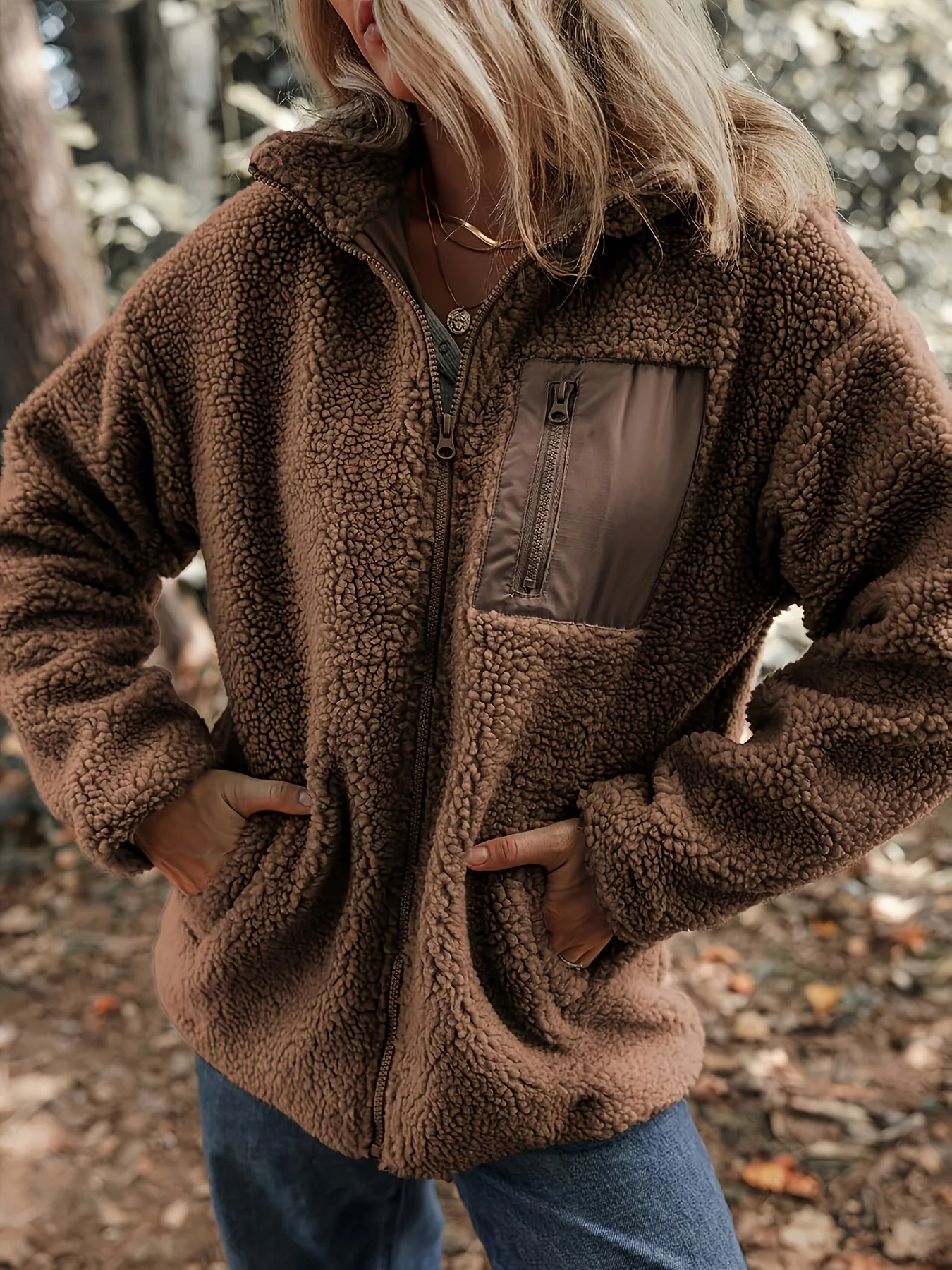 

Vintage Lamb Wool Women Casual Jacket Fashion Zipper Pocket Plush Fur Short Coat New in Autumn Winter Loose Outerwear Warm Coat