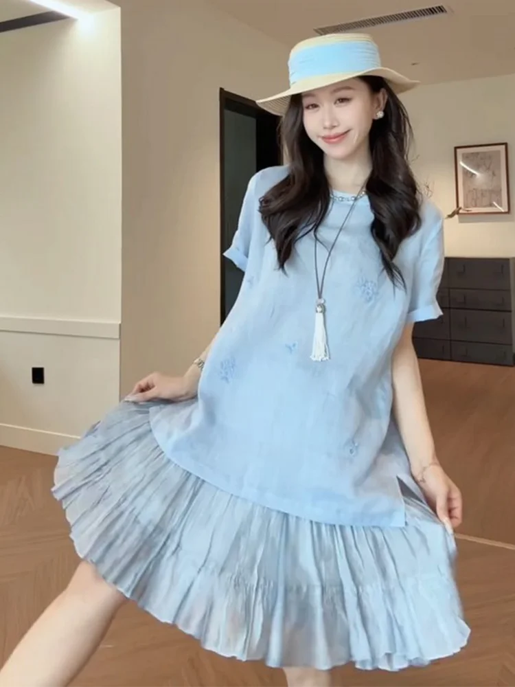 

Pastel Blue Textured Cake Skirt Women's A-Line Skirt Summer New Gentle Slimming High Waist Korean Style Polyester Fiber