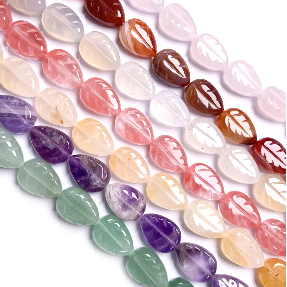 15PCS 10x14mm Leaf-Shaped Loose Beads Natural Amethyst Through-hole Beads for Jewelry Making DIY Necklaces Bracelets Accessories